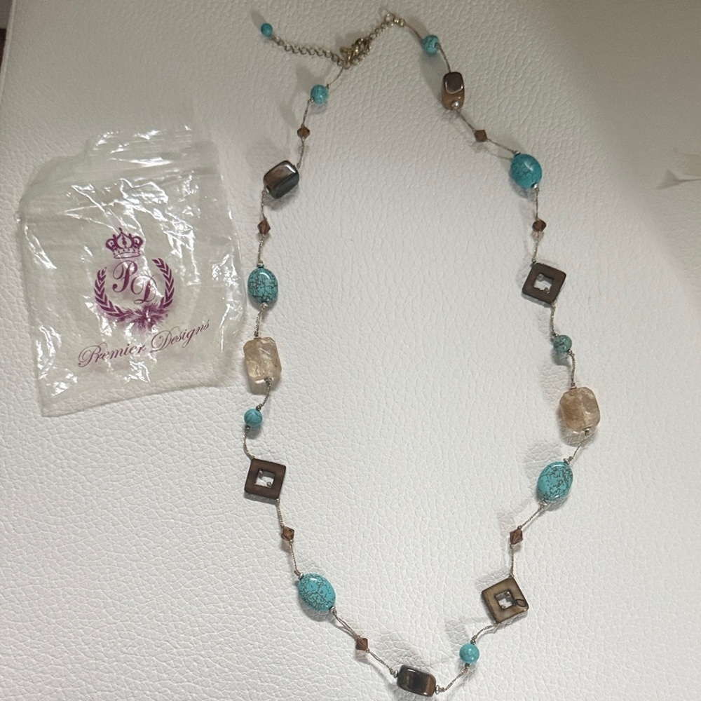 Premier Designs Blue and Brown Beaded Necklace